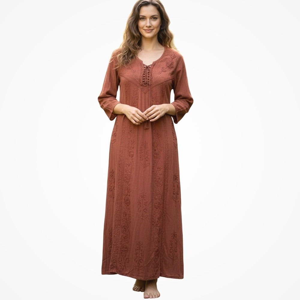 Naissha Womens Boho Maxi Dress‎ One Size Embroidered Lace Up Witchy Forest Fairy